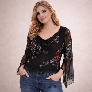 Newport News Vintage Y2K Sequin Cowl Neck Sheer Blouse 12 Large Black Fairy